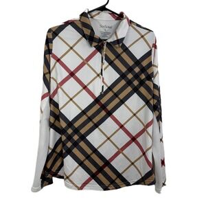 San Soleil Womens Long Sleeve Shirt Size Large White Top 1/4 Zip Plaid UV UPF